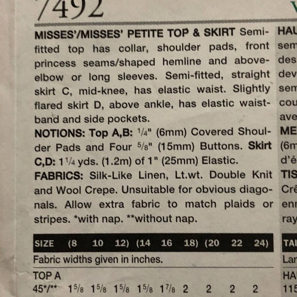 Vogue sewing pattern 7492 Womens suit pencil or maxi skirt pants - Picture 5 of 8